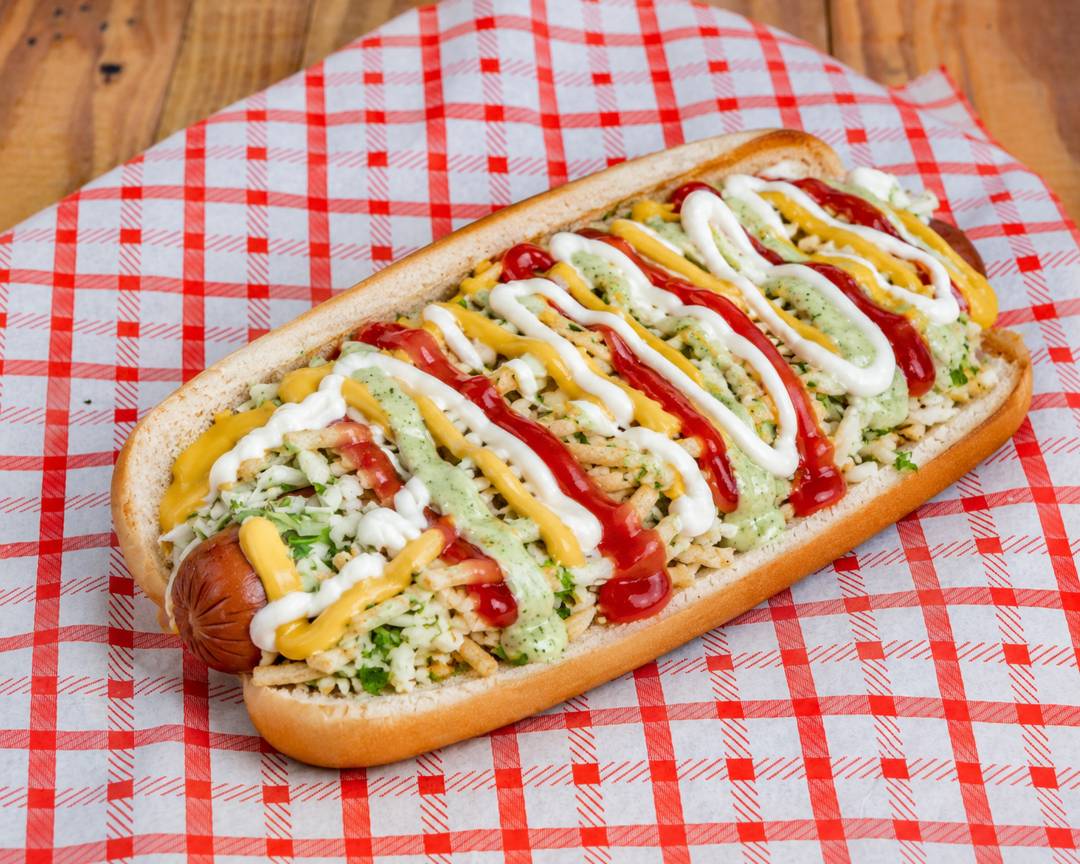 Venezuelan-style hot dog loaded with toppings